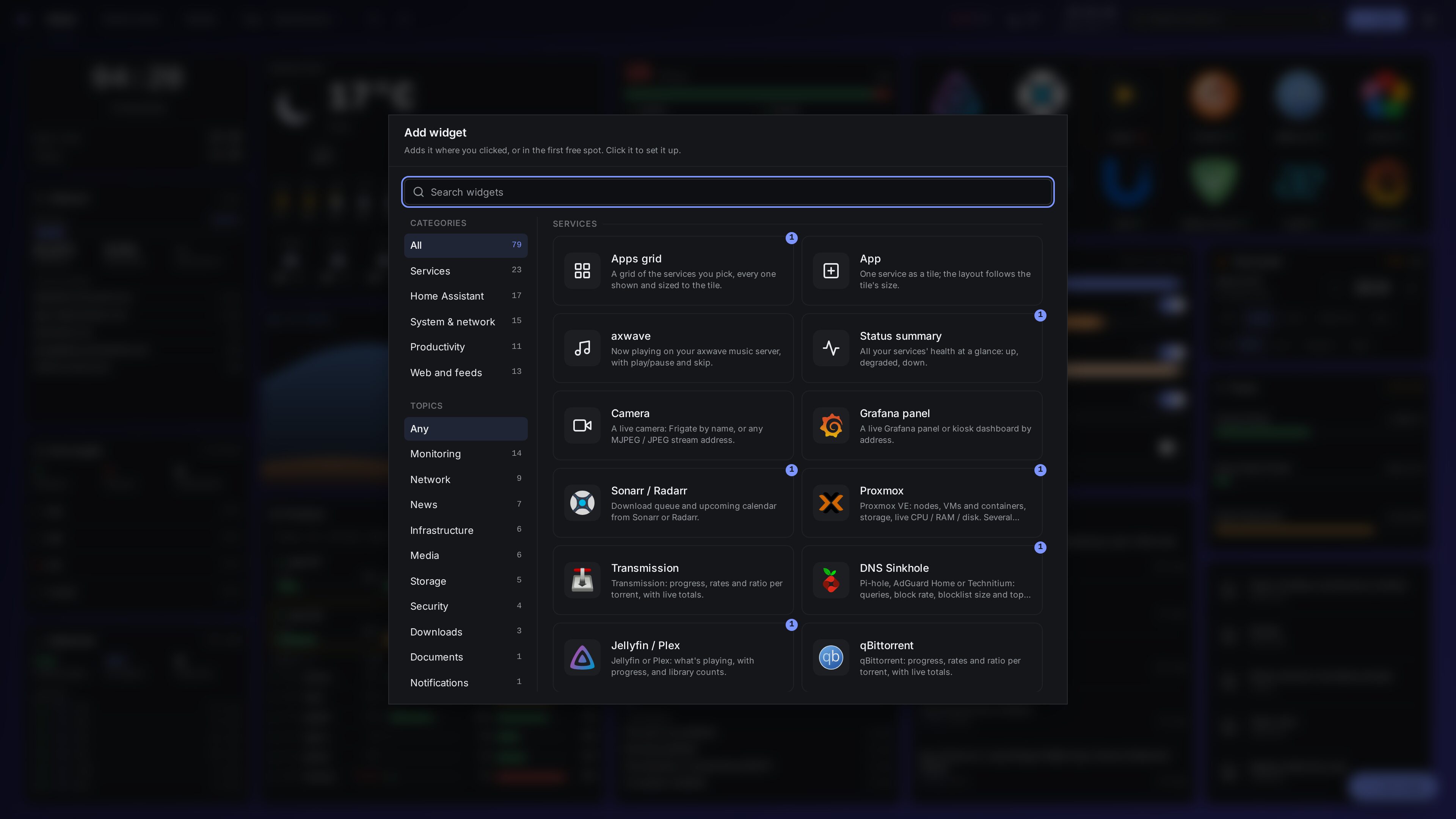 axboard in edit mode — adding and arranging widgets by clicking, no YAML.